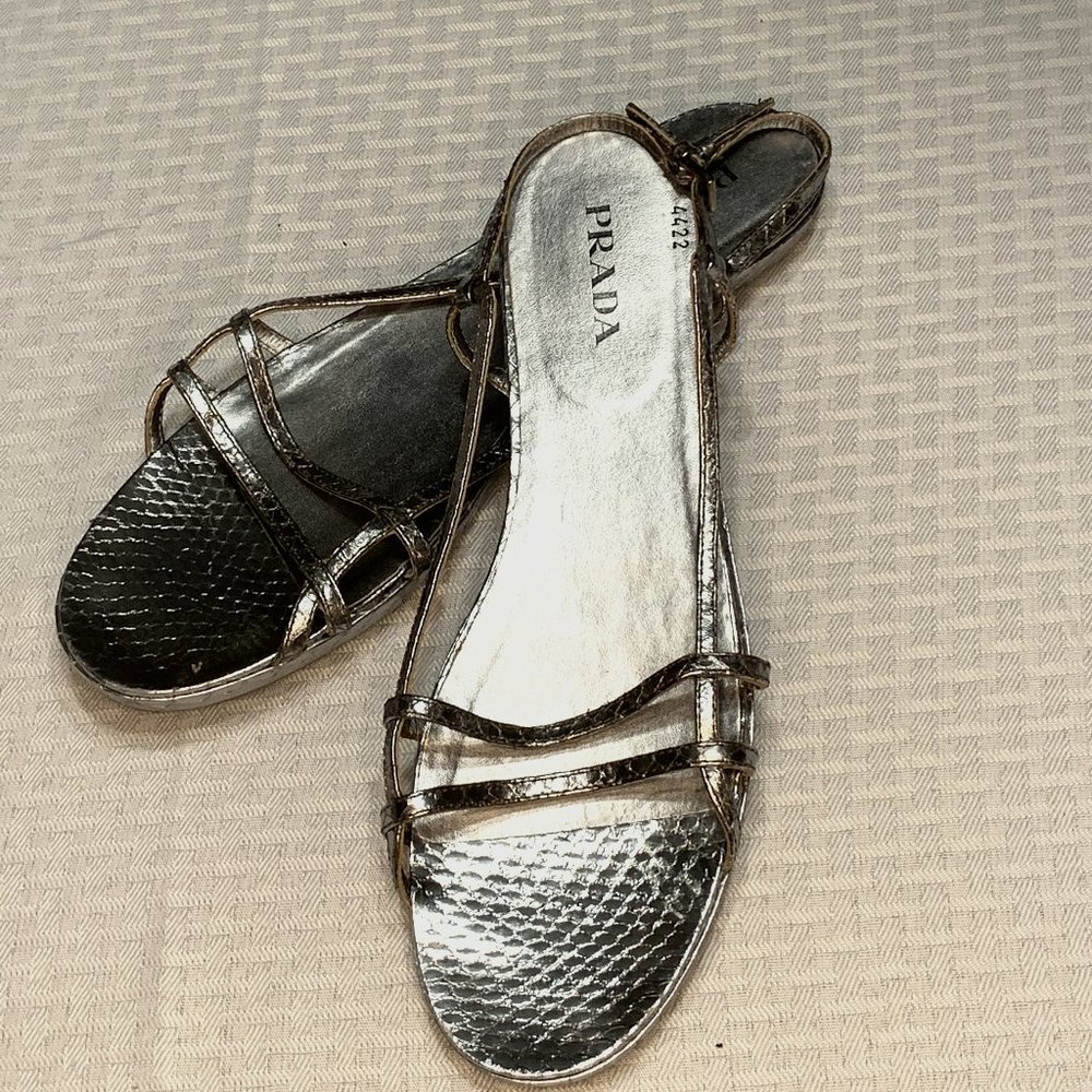 Prada Silver Snakeskin Leather Sandals